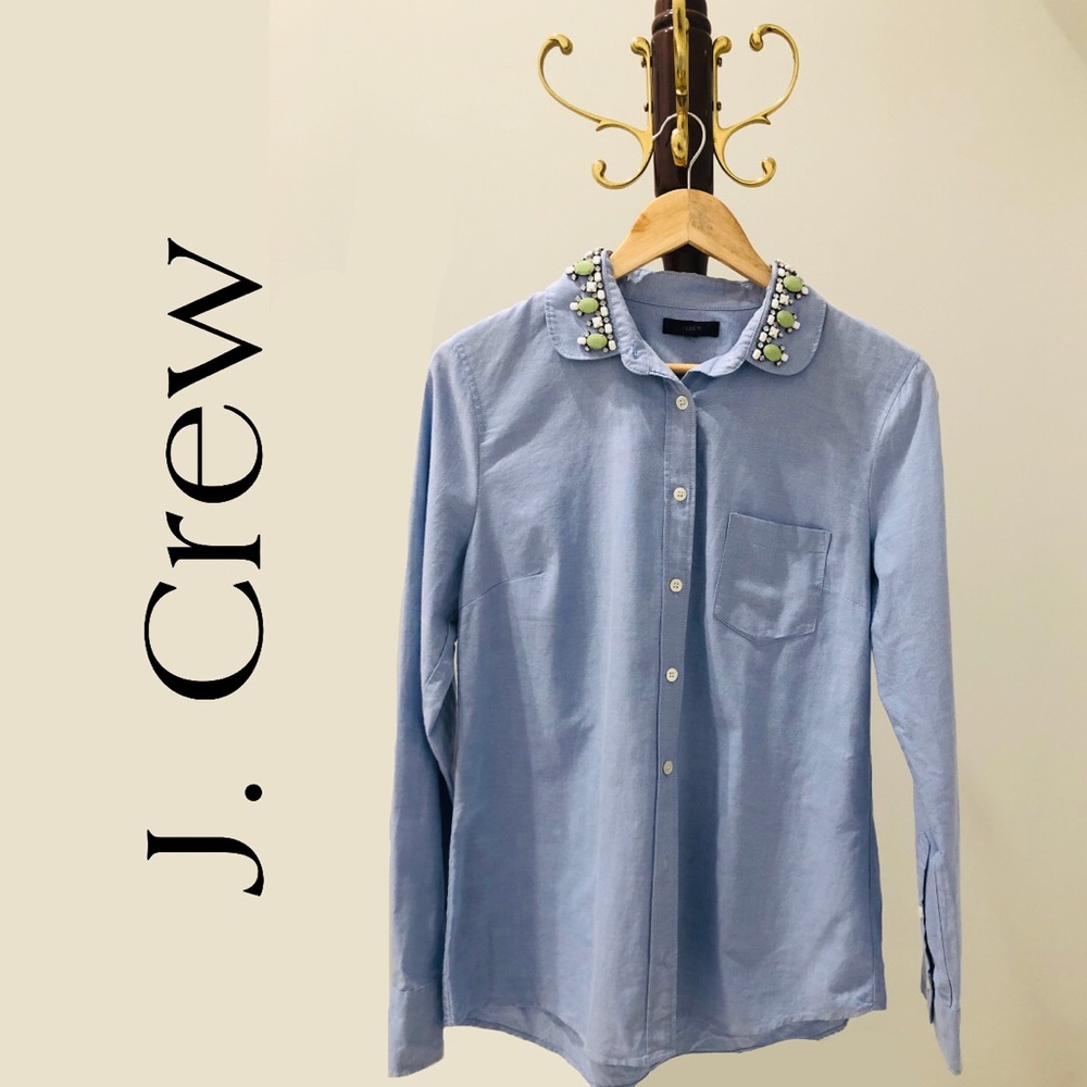 J CREW BUTTON DOWN SHIRT WITH GEM DETAILS.